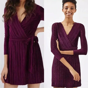 Topshop Ribbed Wine Wrap Dress Long Sleeves